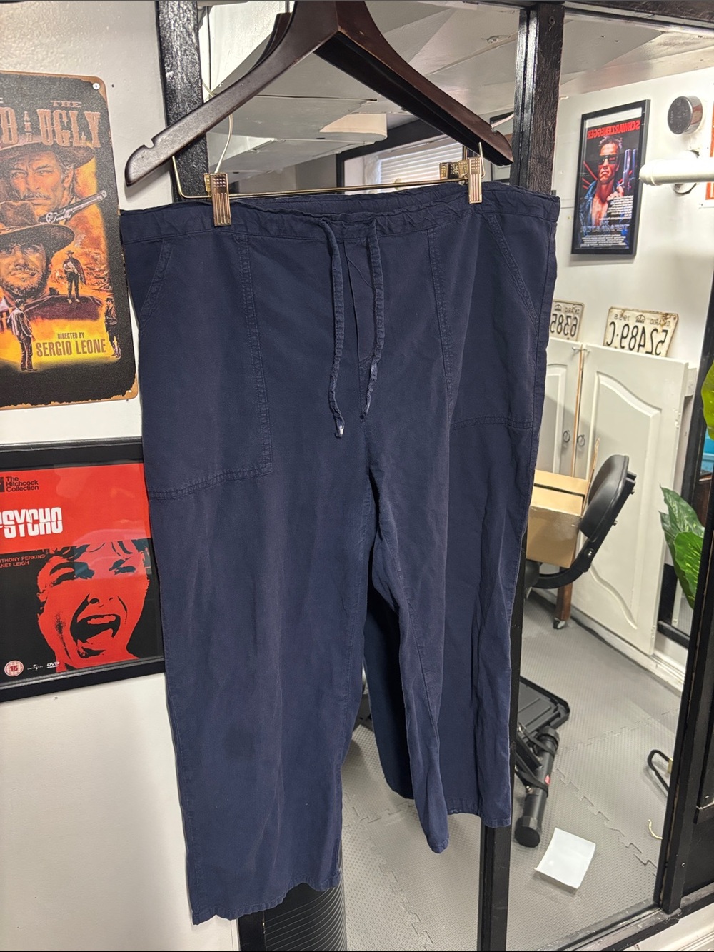 Women's Navy Drawstring Wide-Leg Capri length cotton pants.